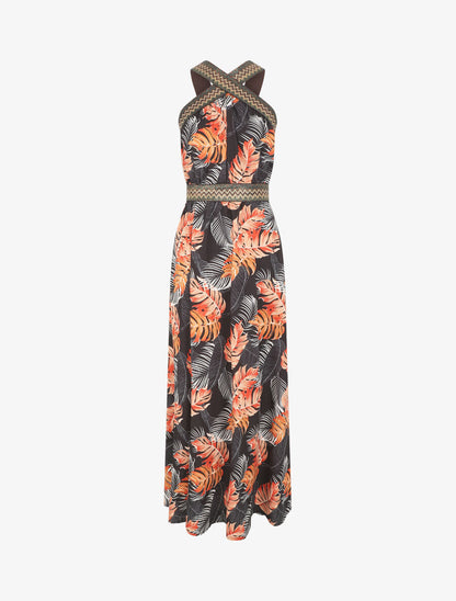 Robe longue imprimé tropical à larges bretelles croisées - Noir - 7