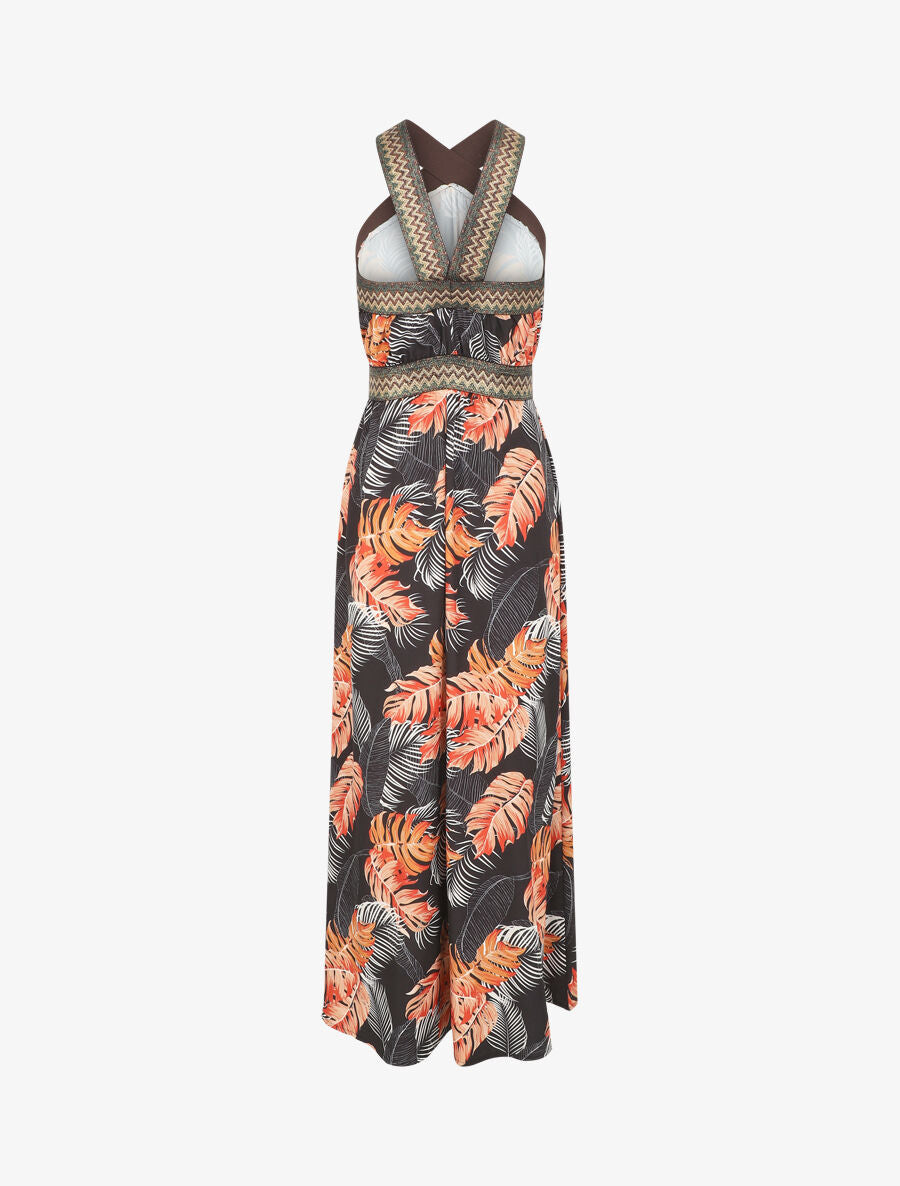 Robe longue imprimé tropical à larges bretelles croisées - Noir - 2