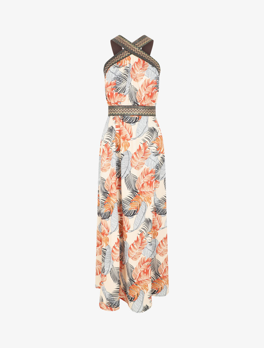 Robe longue imprimé tropical à larges bretelles croisées - Beige - 1