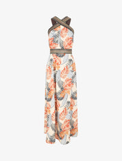 Robe longue imprimé tropical à larges bretelles croisées - Beige - 1