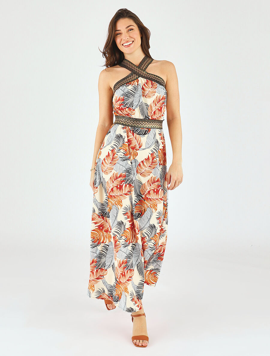 Robe longue imprimé tropical à larges bretelles croisées - Beige - 4
