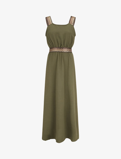 Robe longue unie bretelles fantaisies - Kaki - 1