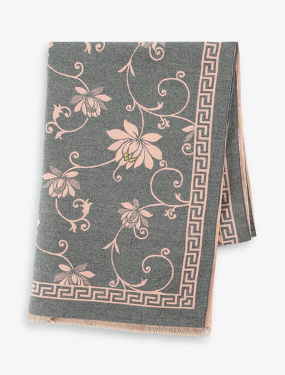 Echarpe en laine mélangée imprimé grec et fleurs - Rose - 2