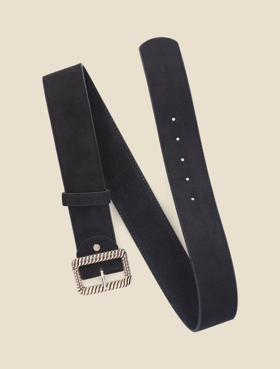 Ceinture en suédine à boucle carrée stylisée - Noir - 1