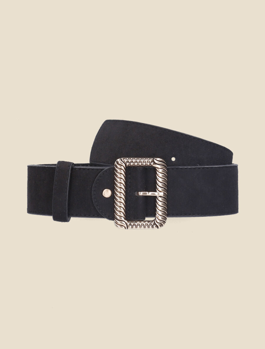 Ceinture en suédine à boucle carrée stylisée - Noir - 2