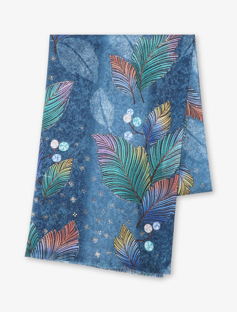 Echarpe motif feuilles à franges - Bleu - 2