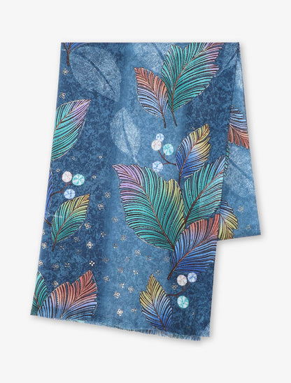 Echarpe motif feuilles à franges - Bleu - 2