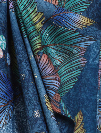 Echarpe motif feuilles à franges - Bleu - 3