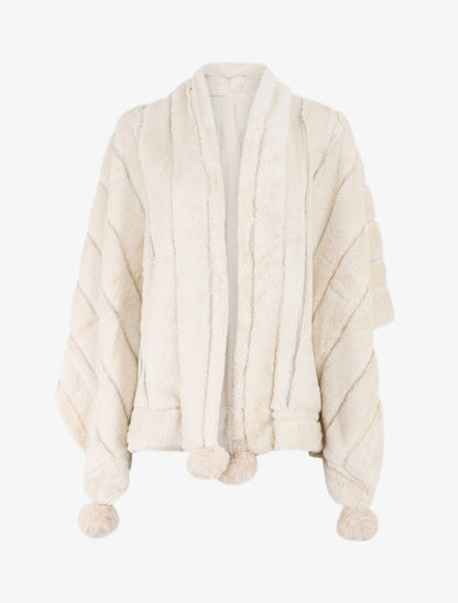 Châle en fourrure synthétique à pompons - Beige - 4
