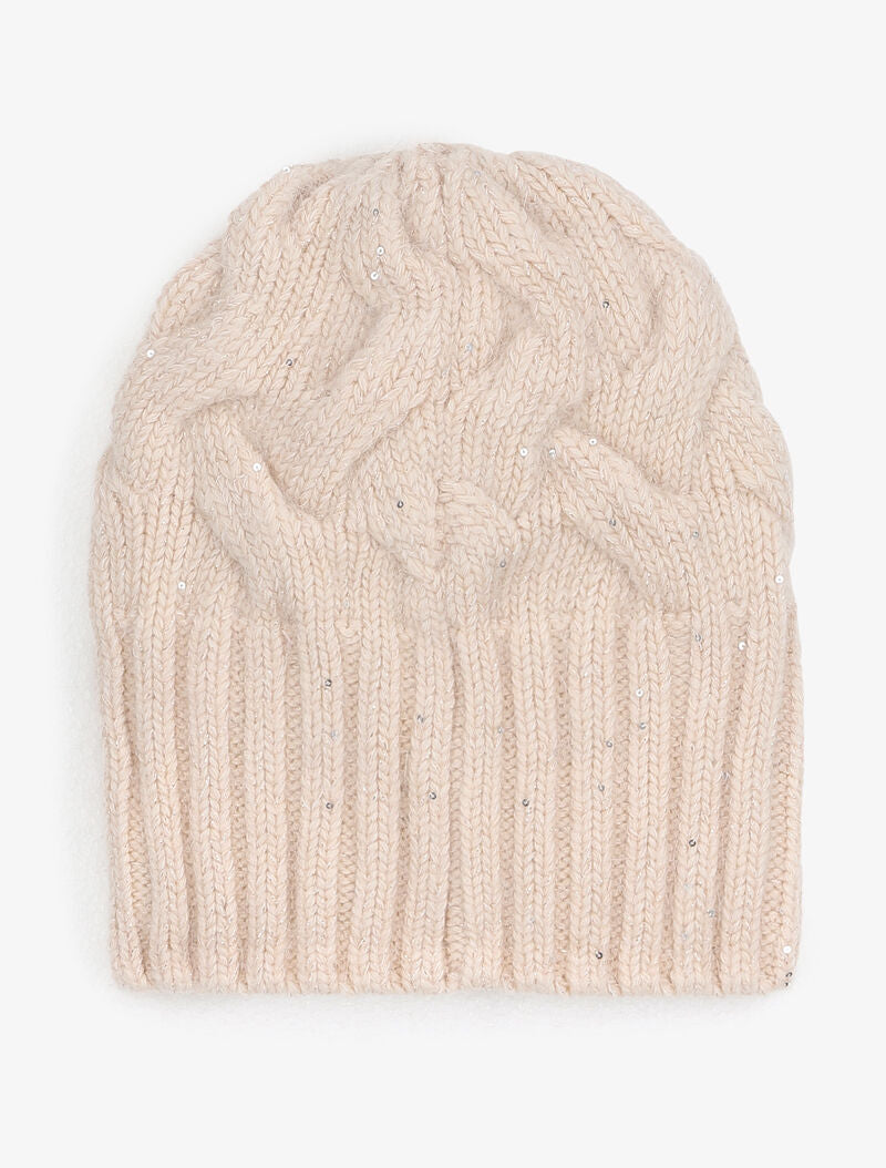 Bonnet en maille tressée à sequins - Beige - 3
