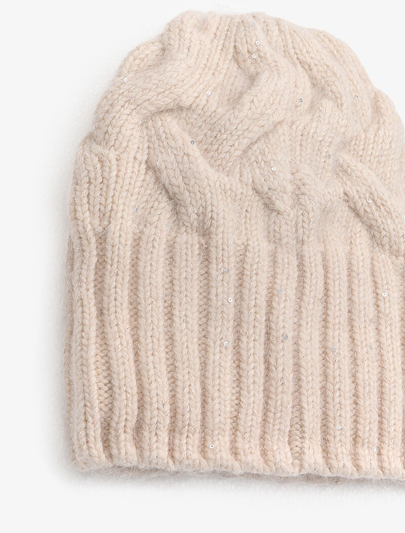 Bonnet en maille tressée à sequins - Beige - 2