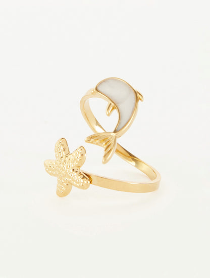 Bague motif dauphin et étoile de mer - Or - 3