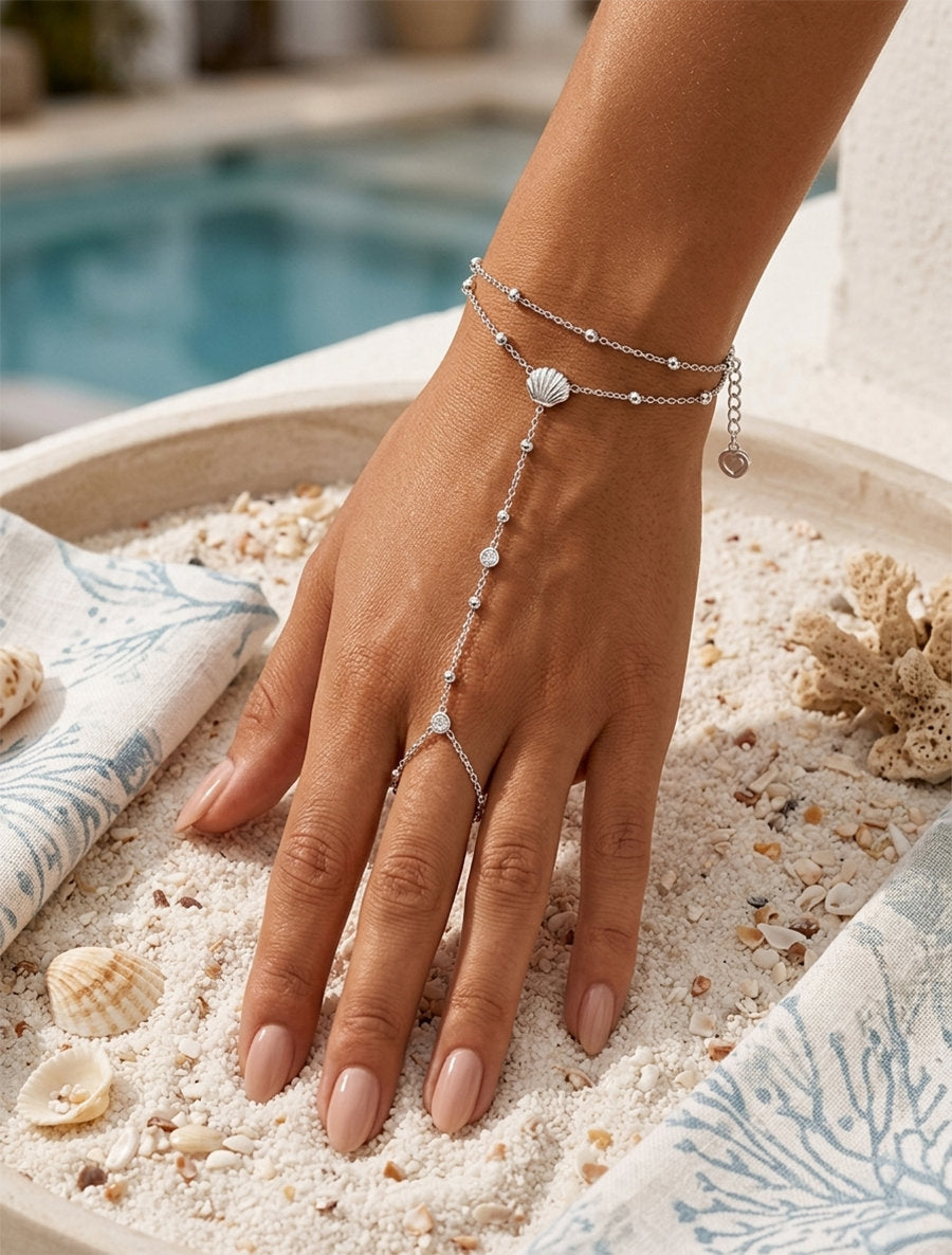 Chaîne de main coquillage et zircon blanc - Argent - 1