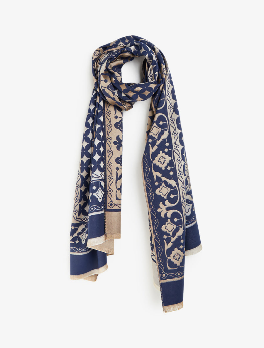 Echarpe satinée à motif graphique - Marine - 1