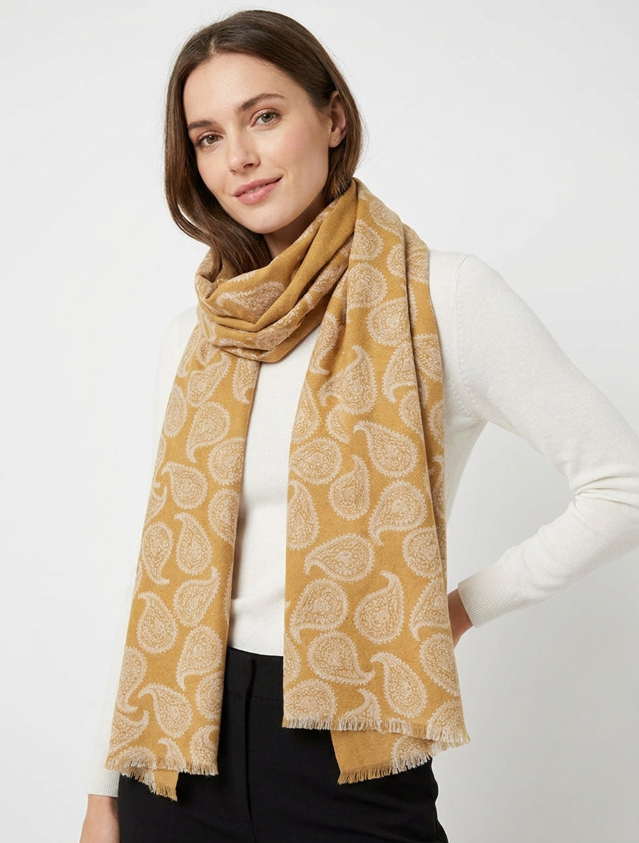 Sjaal van gemengde wol met paisleyprint - Mosterd