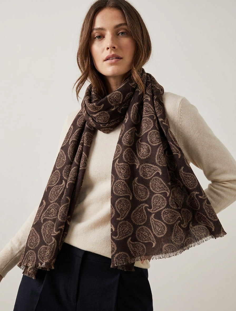 Sjaal van gemengde wol met paisleyprint - Bruin