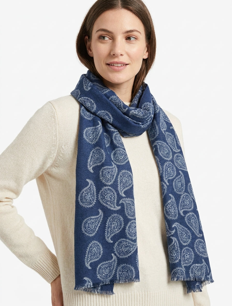 Sjaal van gemengde wol met paisleyprint - Marine