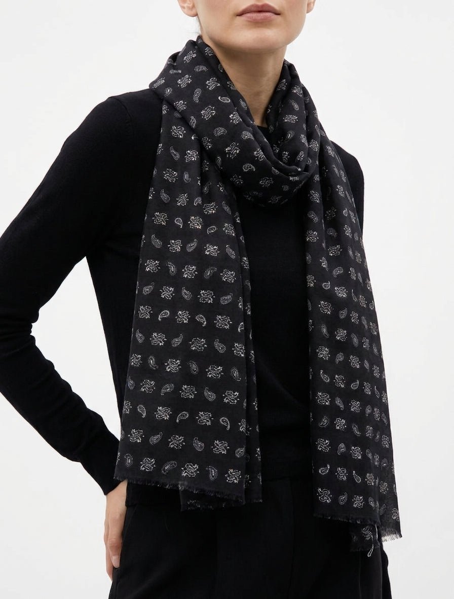 Sjaal met paisleyprint en rafelige randen - Zwart
