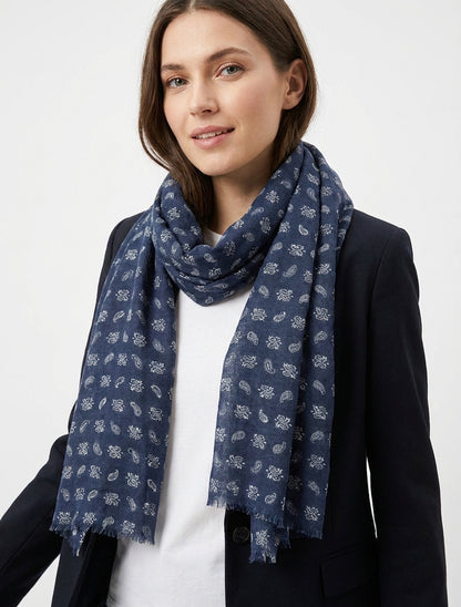 Sjaal met paisleyprint en rafelige randen - Marine