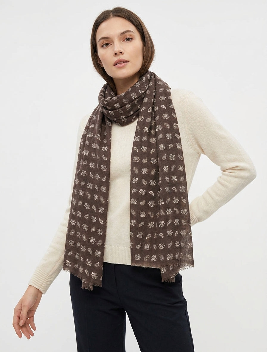 Sjaal met paisleyprint en rafelige randen - Bruin