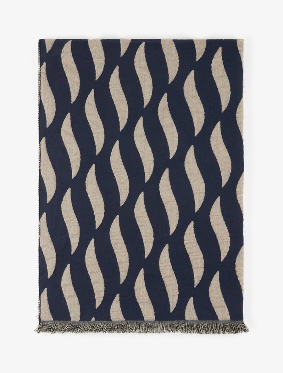 Echarpe en laine mélangée à pois et arabesques - Marine - 2