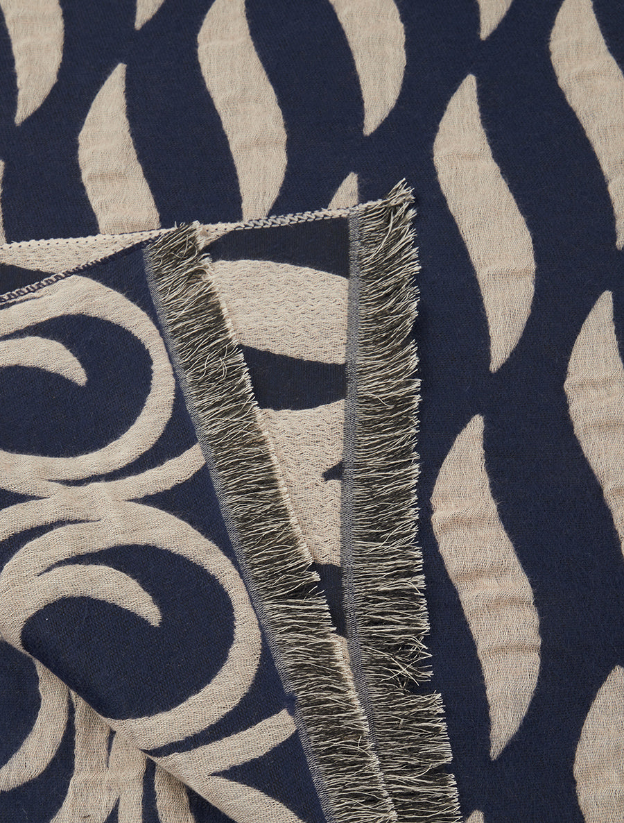 Echarpe en laine mélangée à pois et arabesques - Marine - 3
