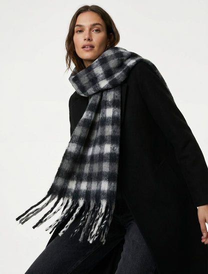 Sjaal van gemengde wol met ruitjesprint - Zwart