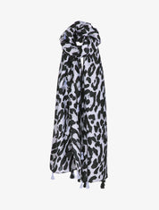 Foulard à imprimé léopard et bords à pompons - Gris clair - 1