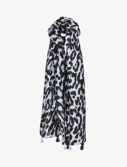 Foulard à imprimé léopard et bords à pompons - Gris clair - 1