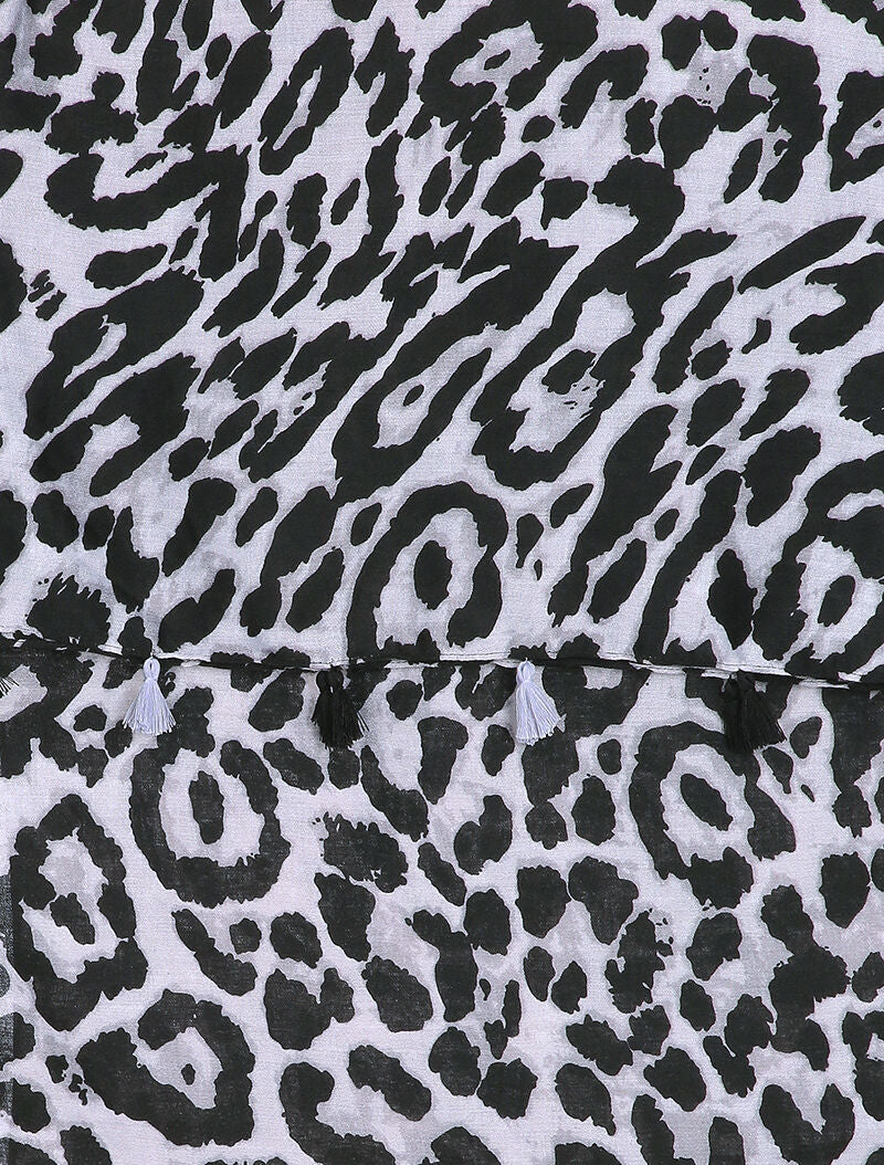 Foulard à imprimé léopard et bords à pompons - Gris clair - 2