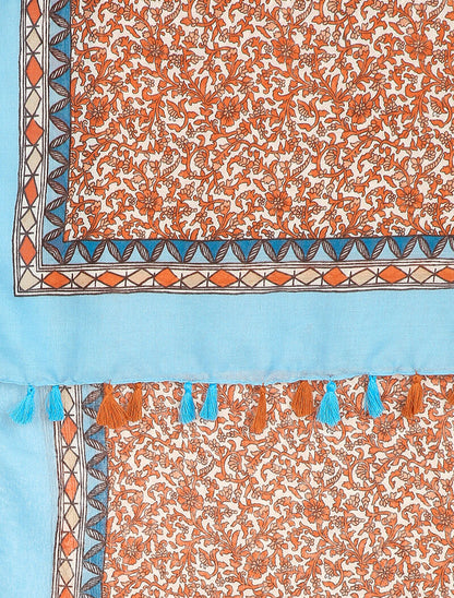 Foulard à imprimé arabesque fleurie et bords à pompons - Bleu ciel - 2