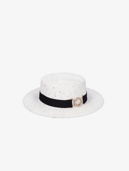 Canotier à sequins et galon bijou - Blanc - 3