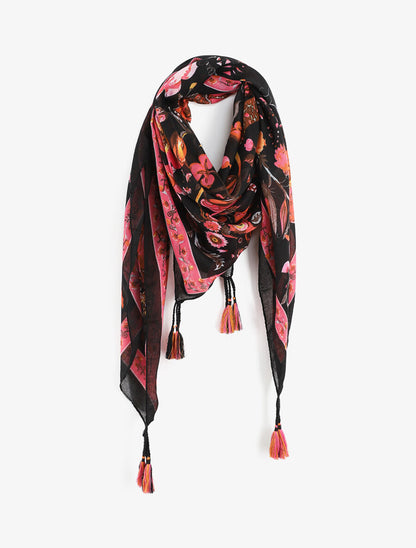 Foulard à imprimé fleuri et pampilles - Noir - 1