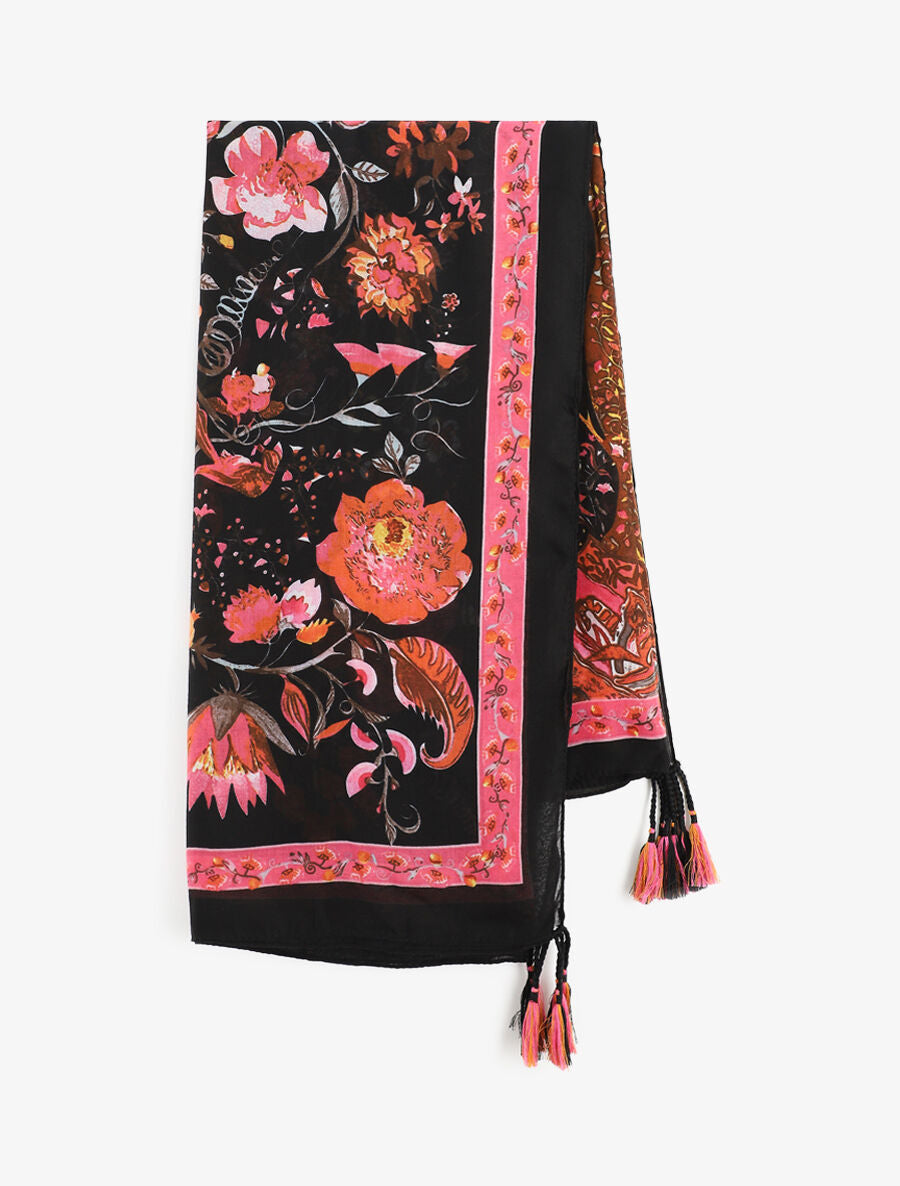 Foulard à imprimé fleuri et pampilles - Noir - 2