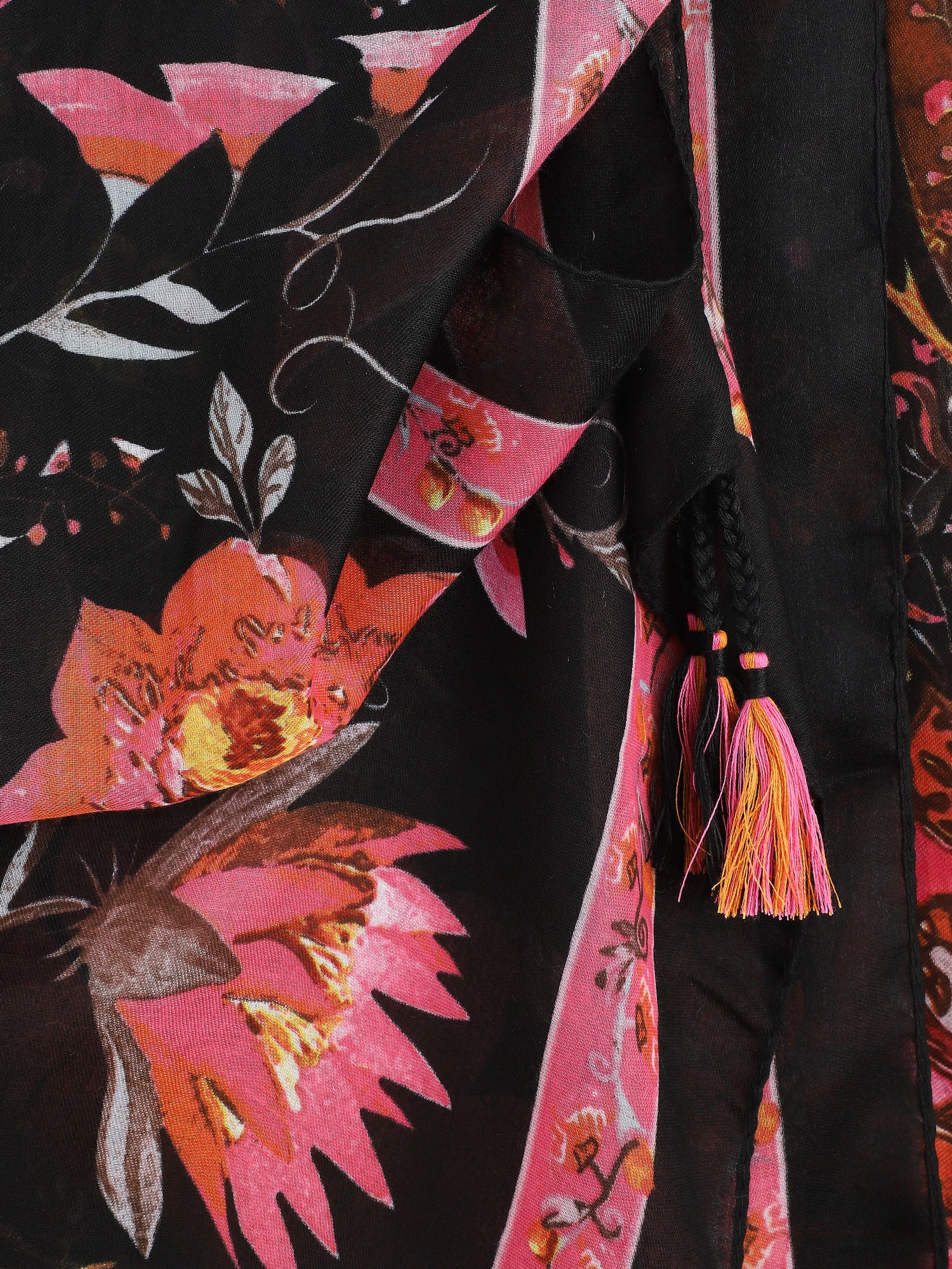 Foulard à imprimé fleuri et pampilles - Noir - 3