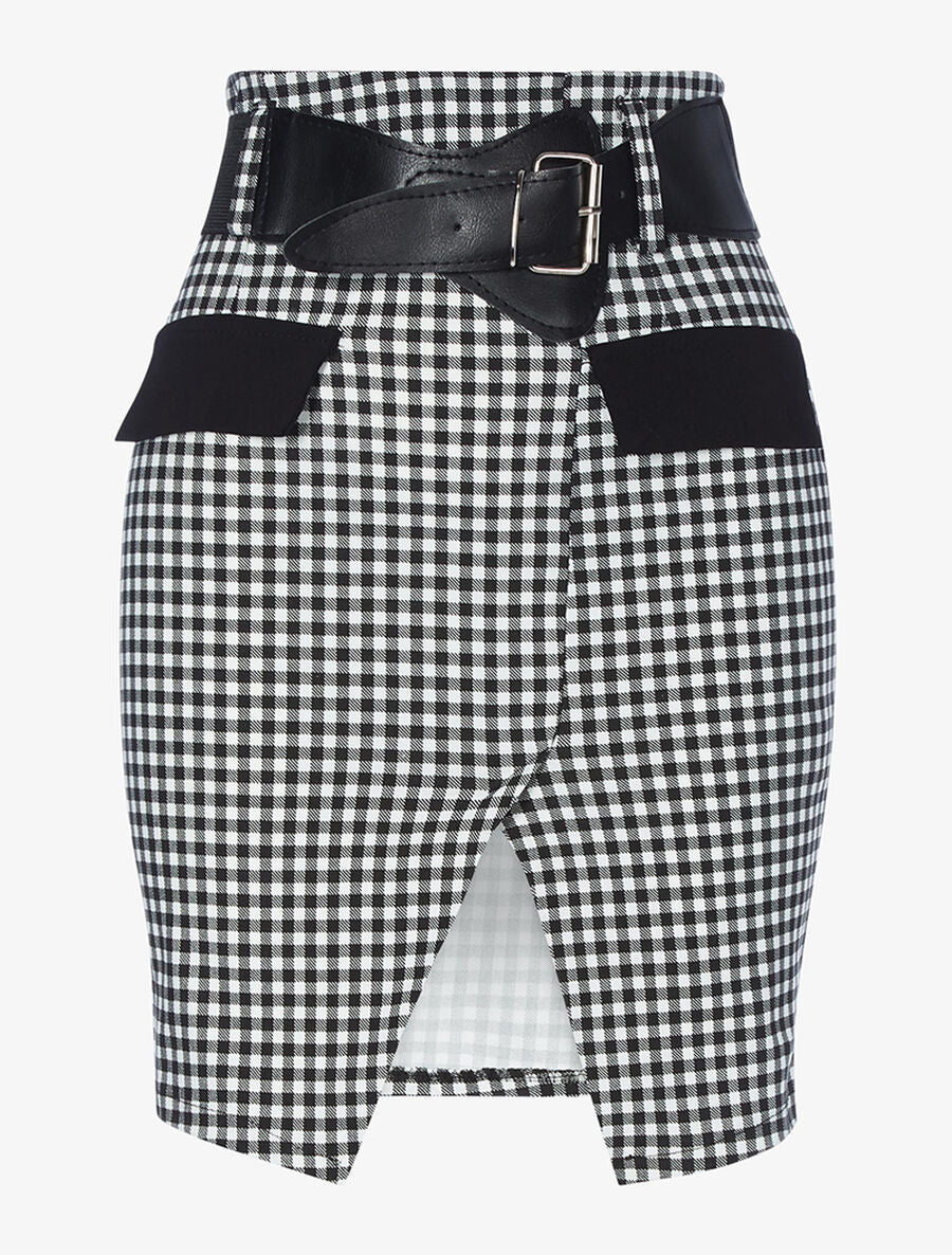 Jupe vichy à fente en biais - Noir - 1