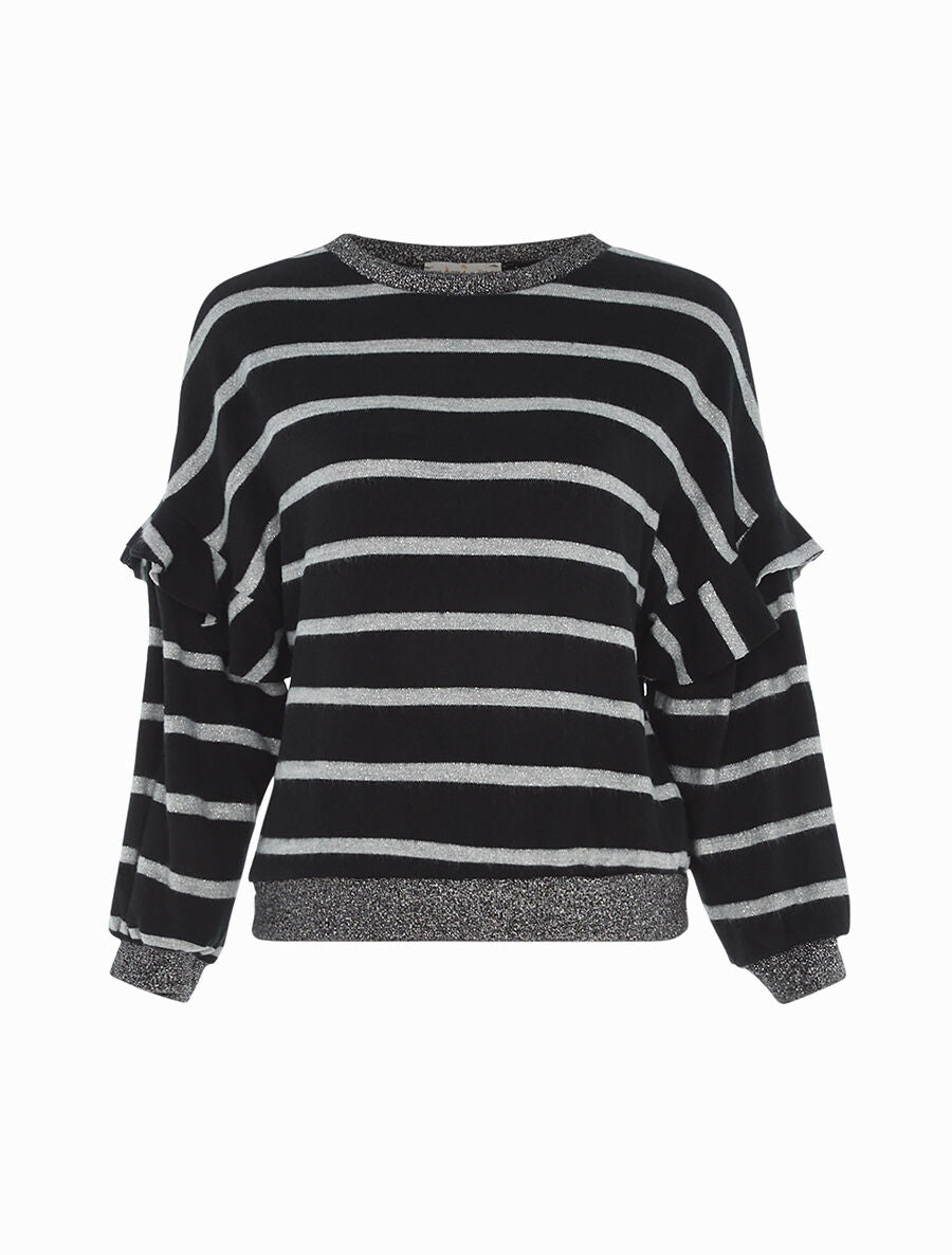 Pull effet sweat rayé à volants - Noir - 1