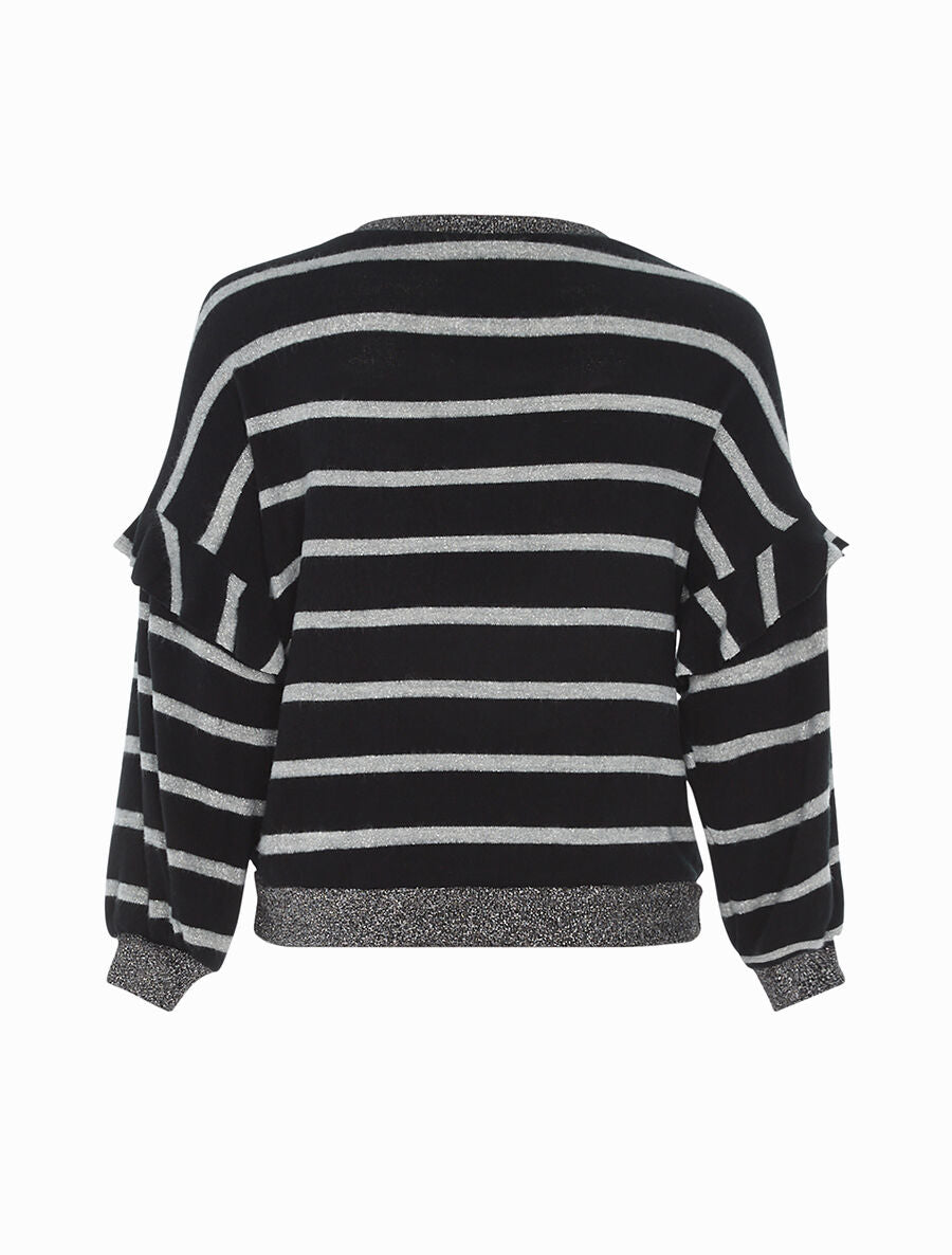Pull effet sweat rayé à volants - Noir - 2