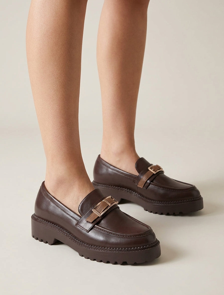 Loafers met gegroefde zool en metalen gesp - Bruin