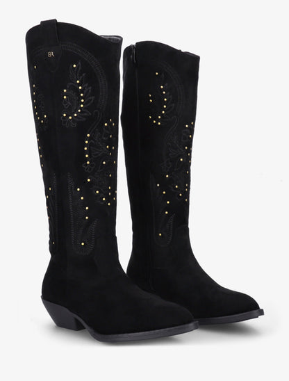 Bottes en suédine style santiags à clous - Noir - 4