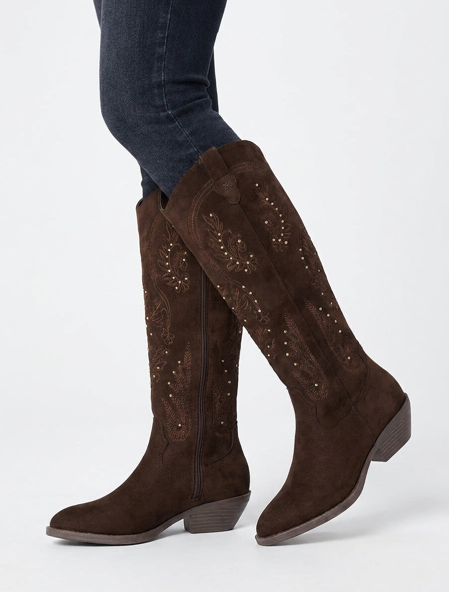 Suède laarzen in cowboy-stijl met studs - Chocolade
