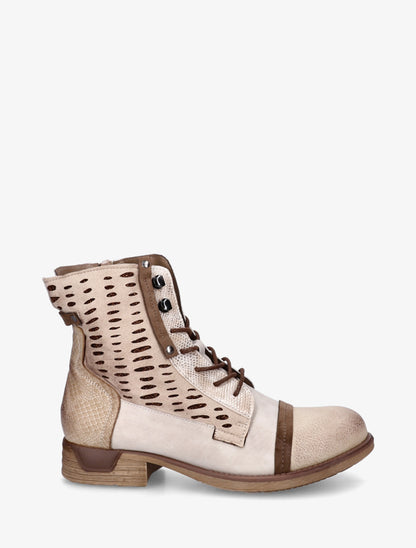 Bottines lacées à perforations irisées et python - Beige - 1