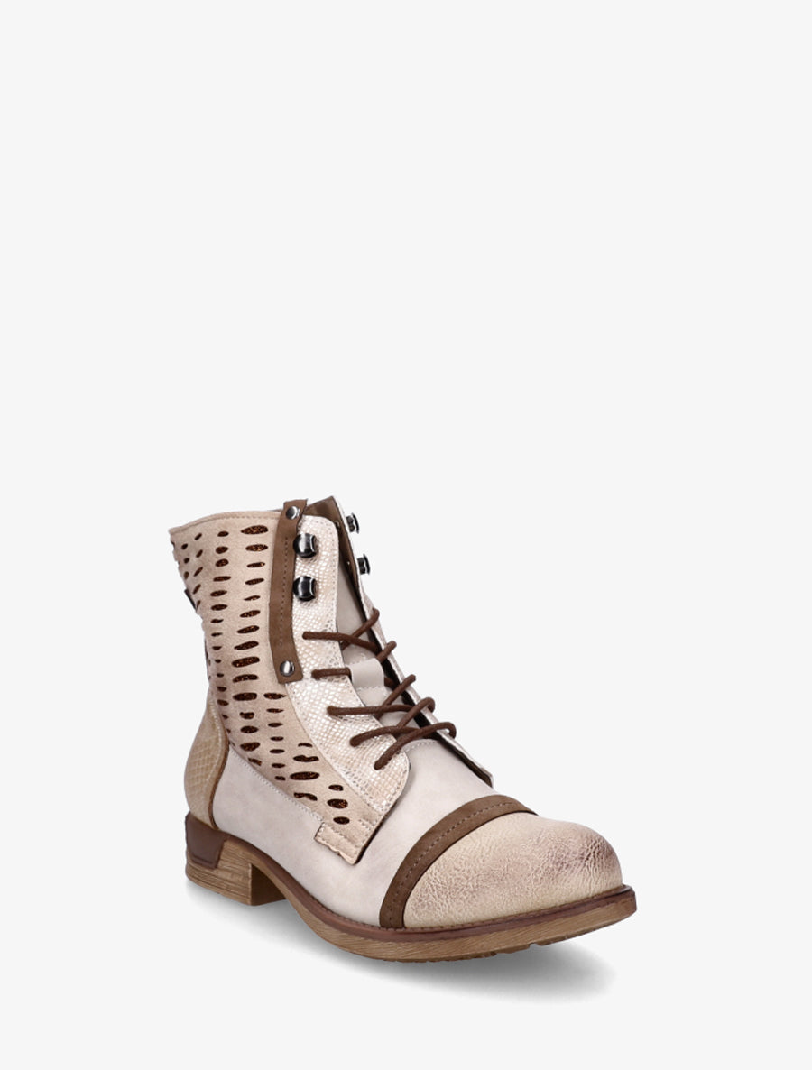 Bottines lacées à perforations irisées et python - Beige - 2