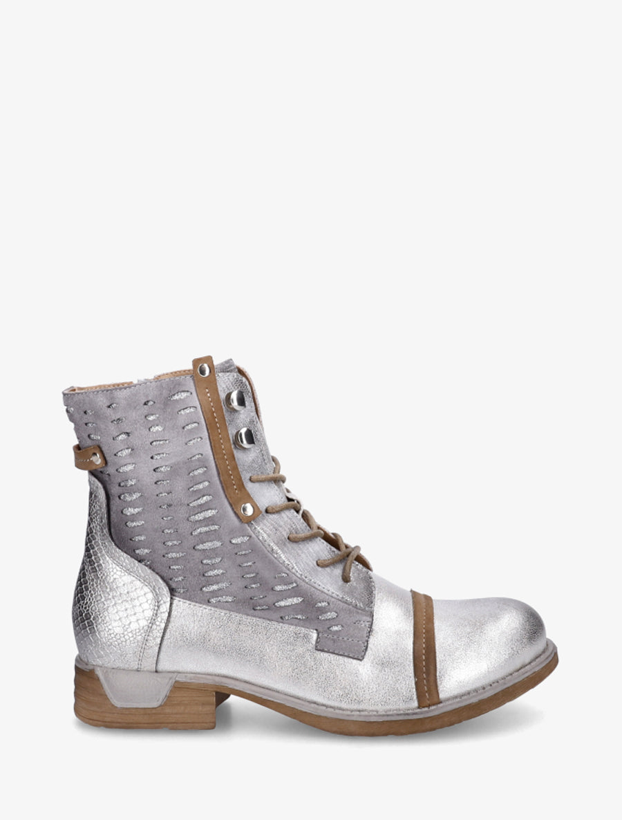 Bottines lacées à perforations irisées et python - Argent - 1