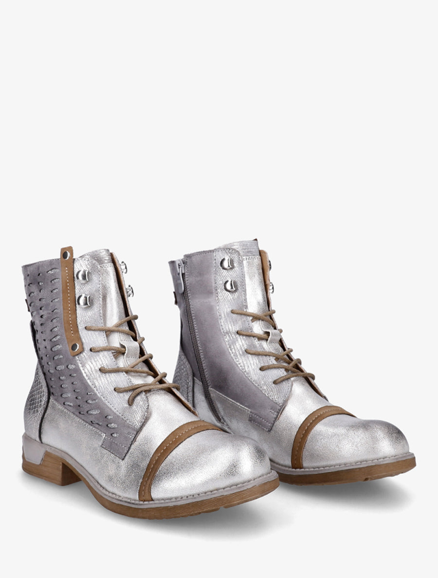 Bottines lacées à perforations irisées et python - Argent - 4