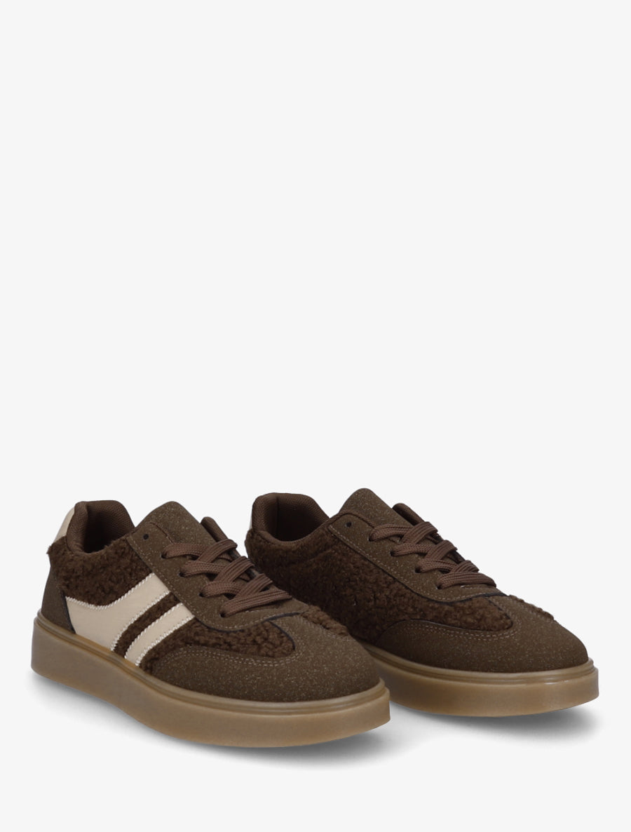 Baskets à empiècements effet bouclé - Marron - 4