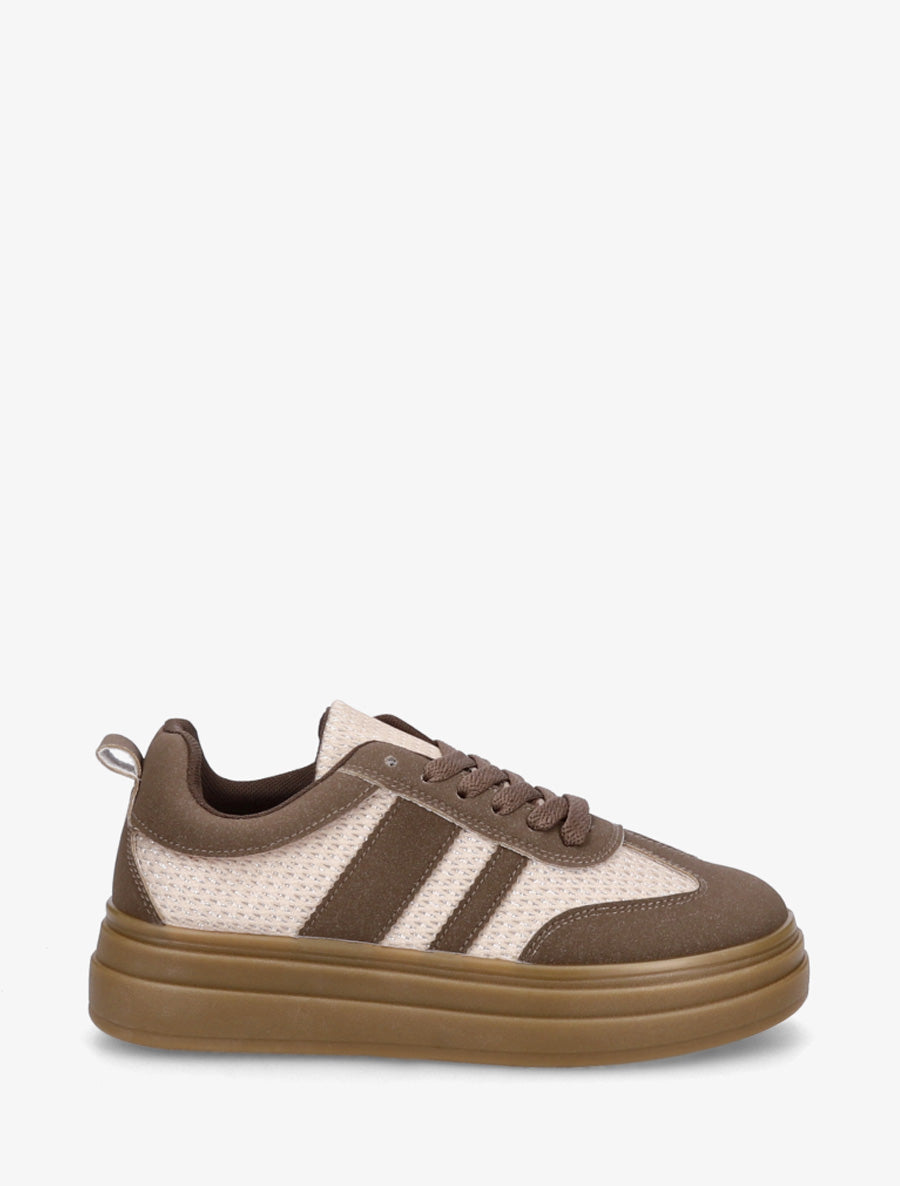 Sneakers à empiècement mesh et effet nubuck - Marron - 1