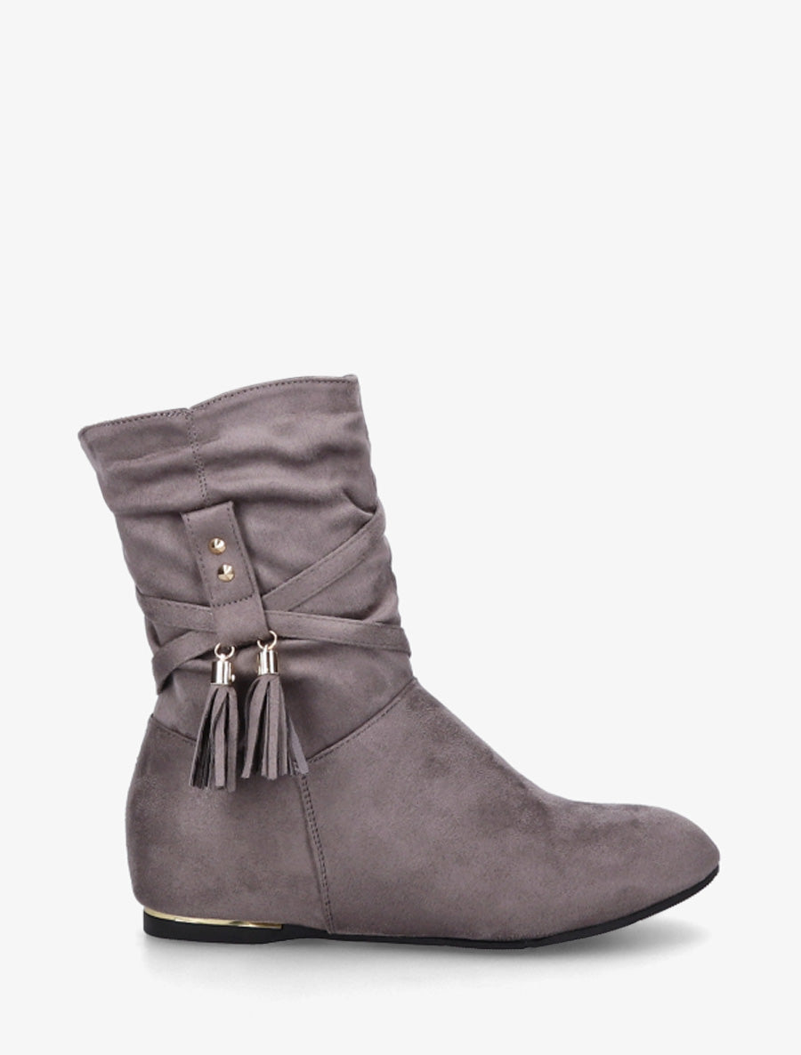 Bottines montantes en suédine à pompons - Gris - 1