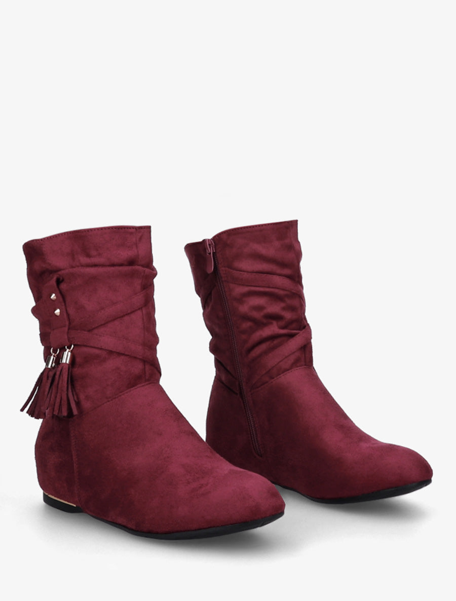 Bottines montantes en suédine à pompons - Bordeaux - 4