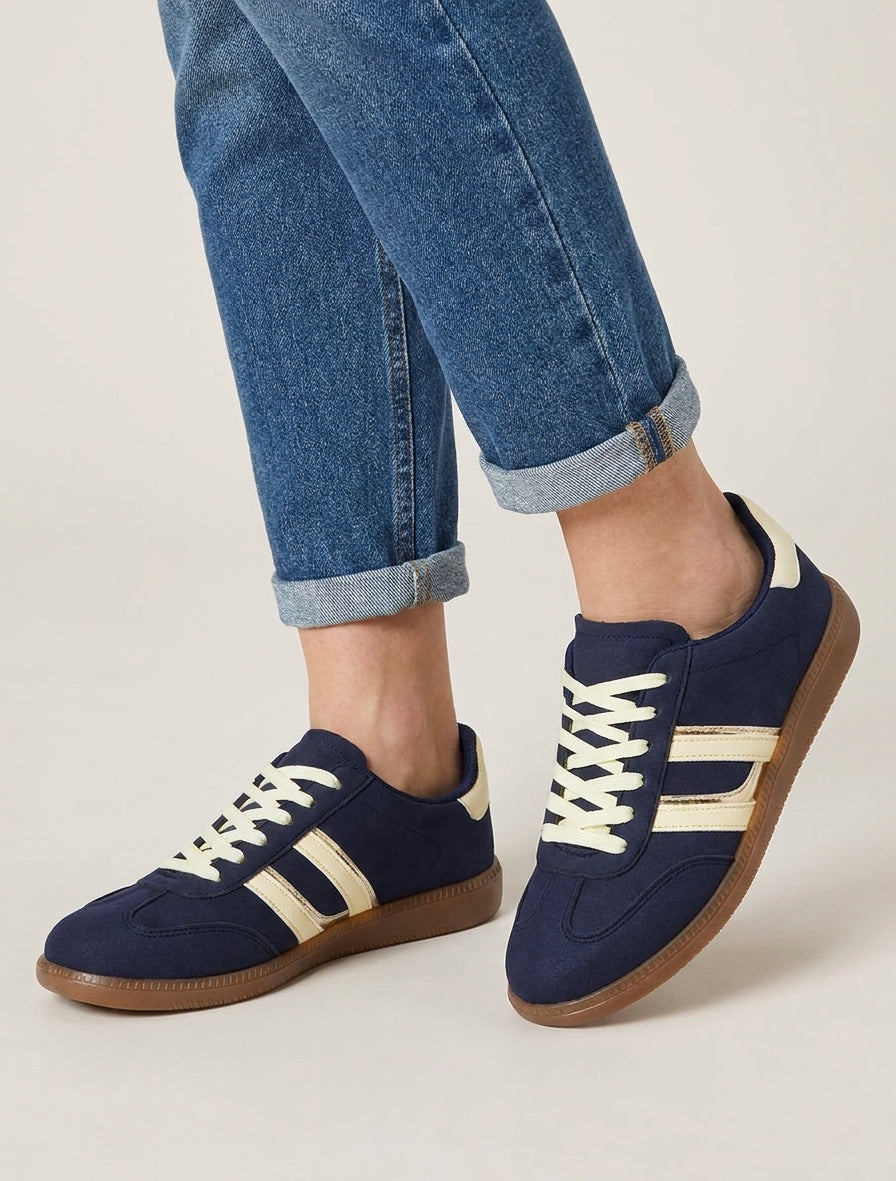 Sneakers in nubucklook met contrasterende banden - Marine